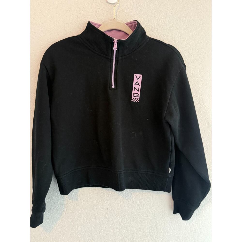VANS Women's Quarter Zip Black Pink Cropped Pullover Sweatshirt Skate Street XS - Picture 5 of 10